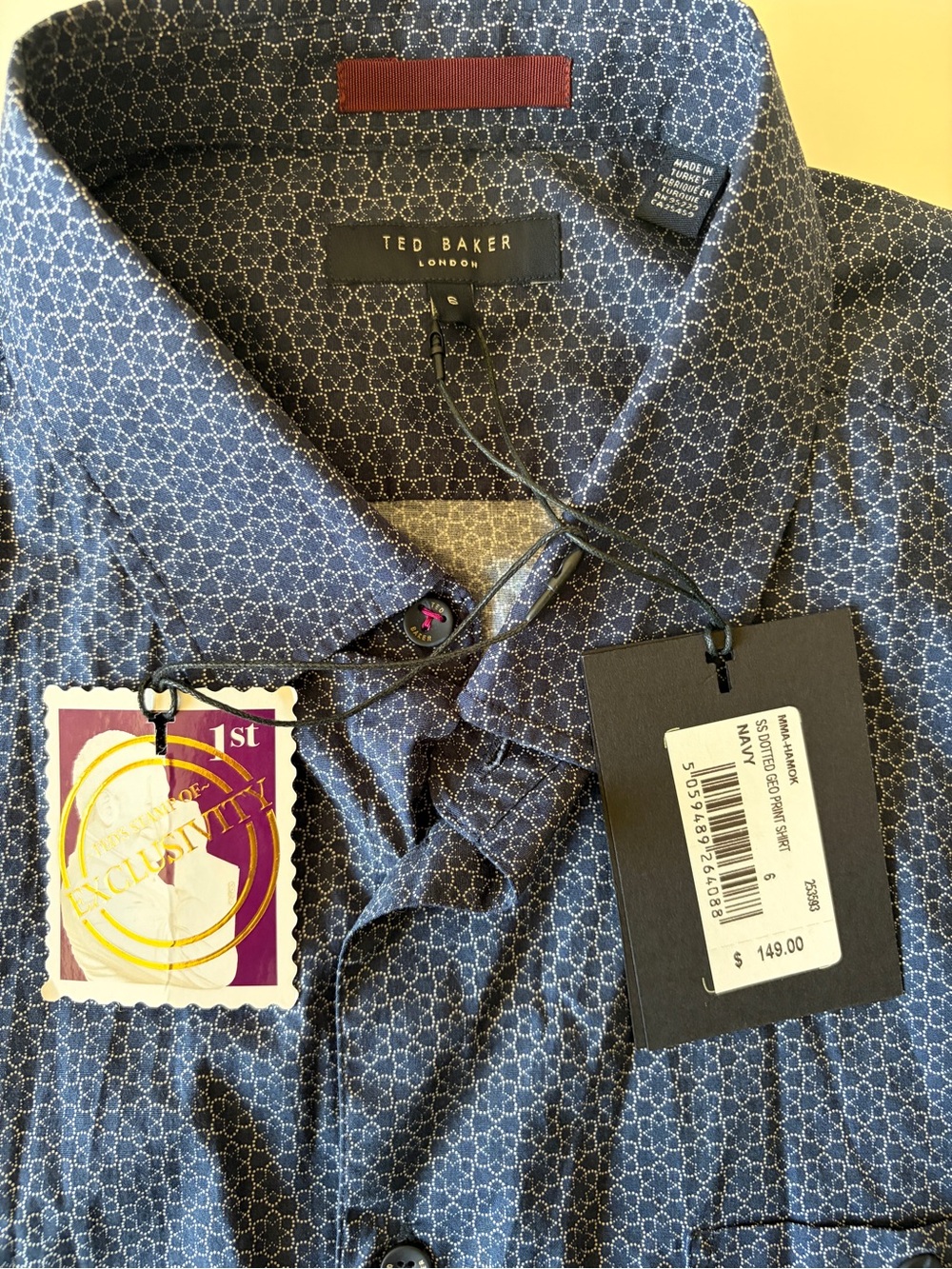 NEW Ted Baker London navy white print dot short sleeve button up mens size 6/XL - Picture 2 of 5
